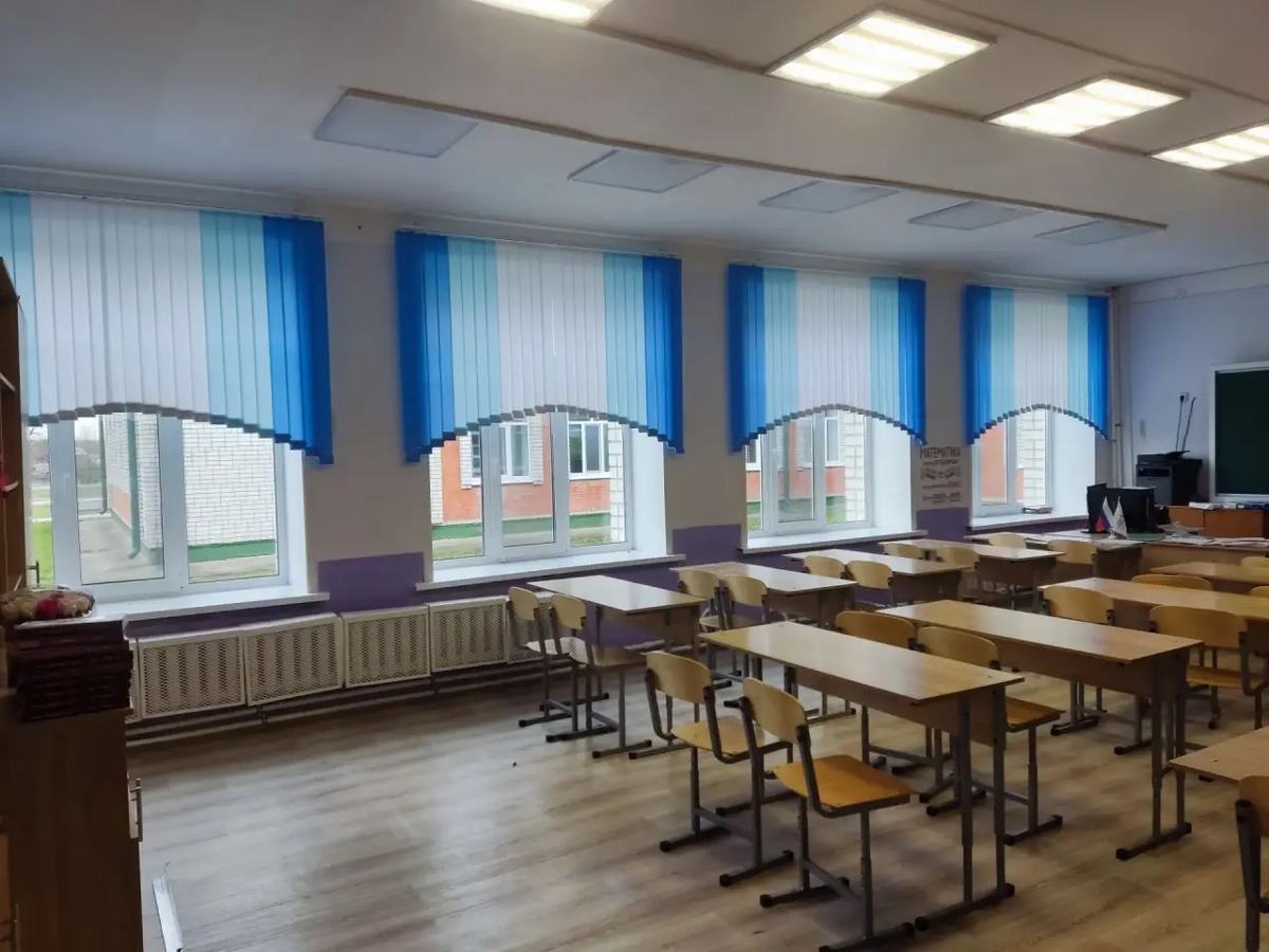 Сине-белые вертикальные жалюзи на арочных окнах класса